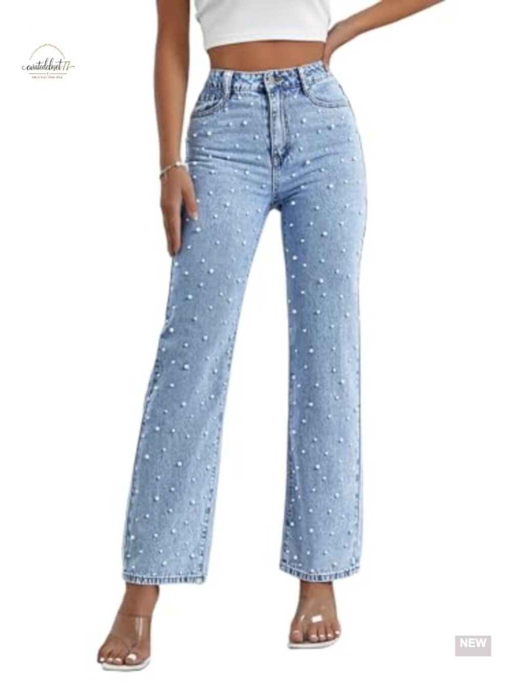 High Waisted Wide Leg Beaded Jeans Boyfriend Baggy Denim Pants